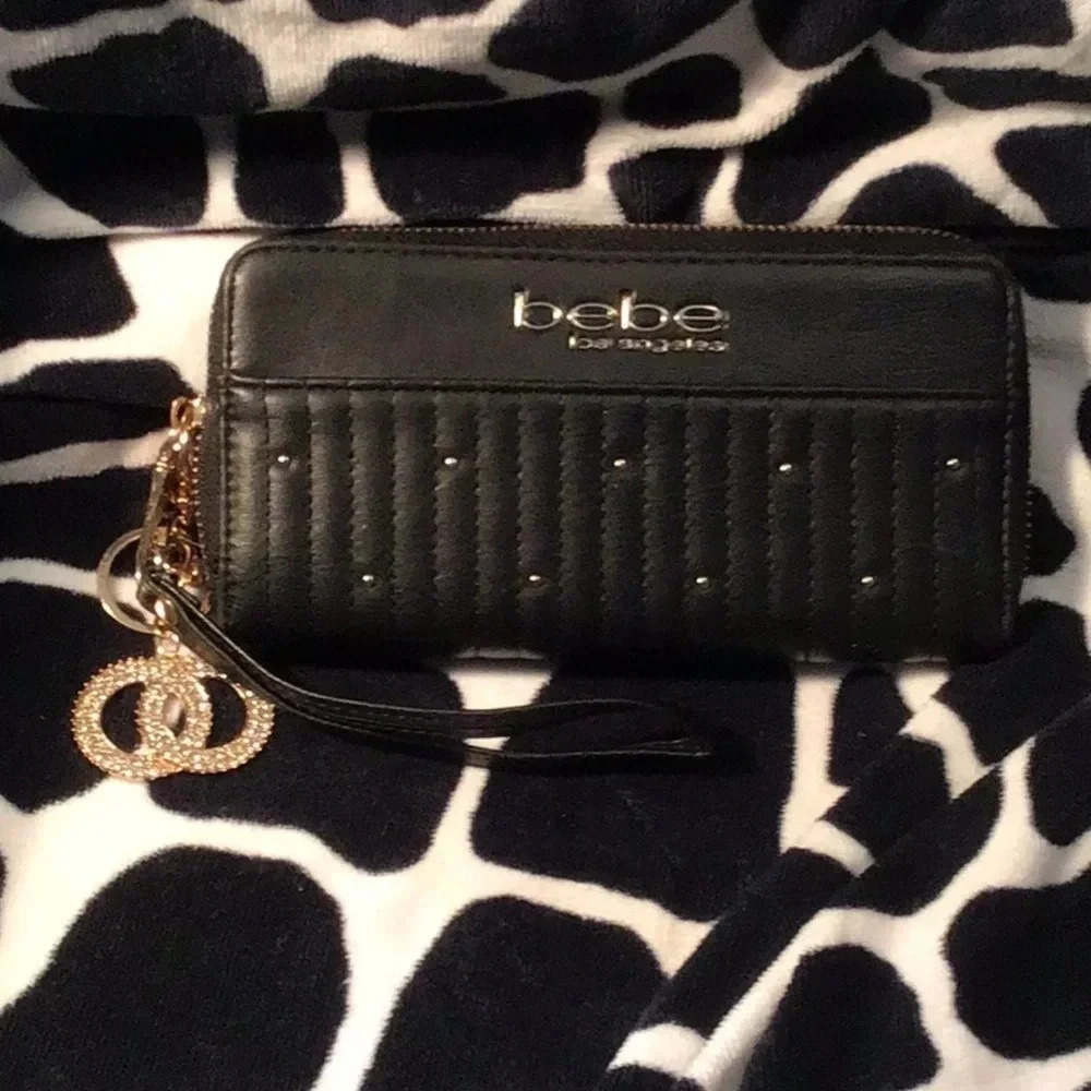 Bebe Los Angeles Black wallet/wristlet with gold hardware & a dizzying keychain